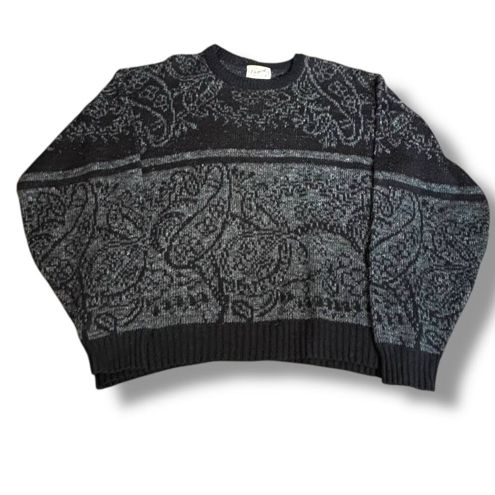 Vintage 90s Black Gray Floral Tapestry Knit Pullover Sweater Made in USA XL